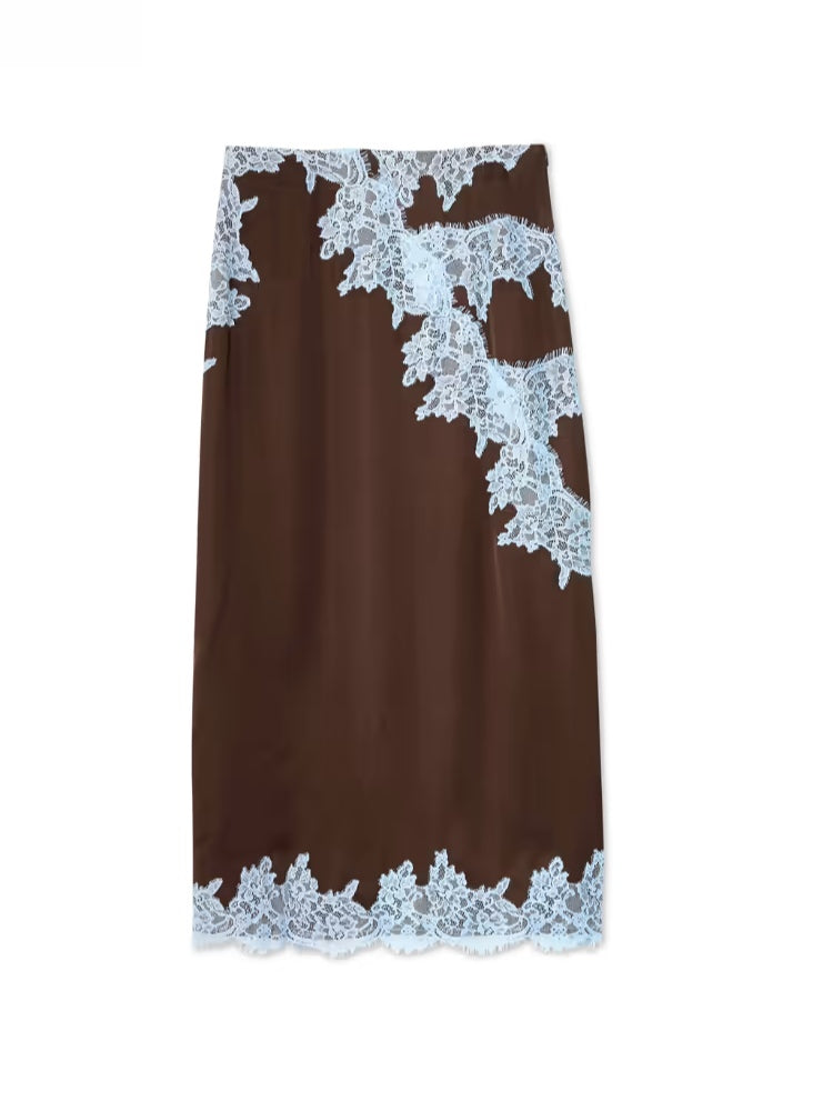 Eleganter Braun- und Blau-Spitzen-Panel-Top + Rock-Anzug-Set