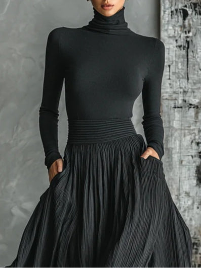 Fashion All Black Skinny Turtleneck T-Shirt und Plissee-Rock Set