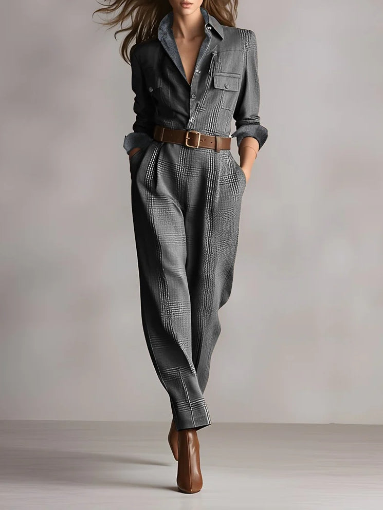 Brauner, eleganter Tweed-Textur Karo Utility Jumpsuit
