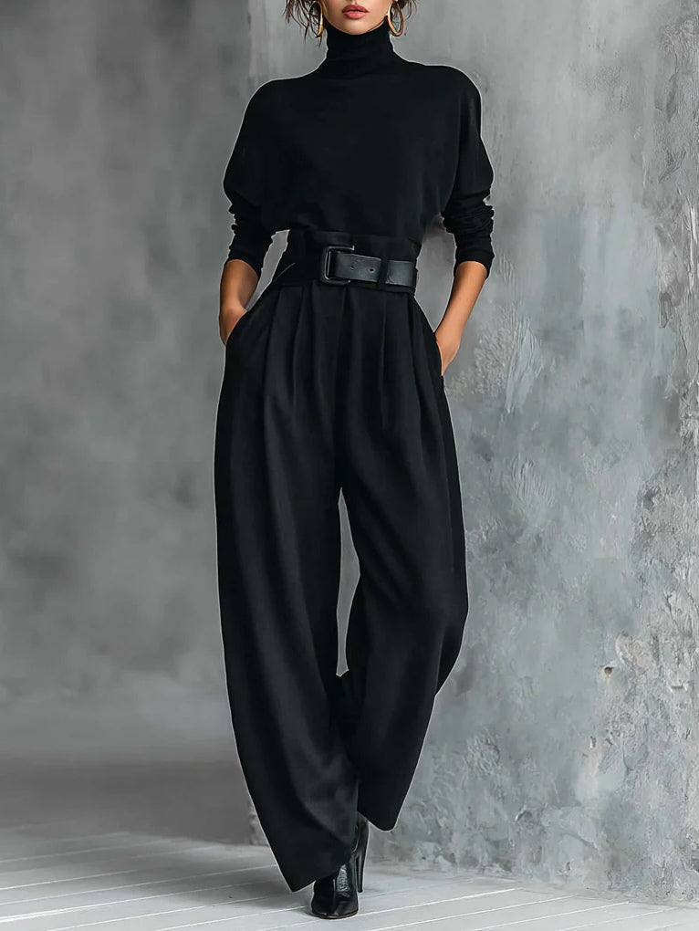Vollschwarzes Turtleneck Langarm-T-Shirt und gerade geschnittene Hose Zwei-Teile-Set (inklusive Gürtel)