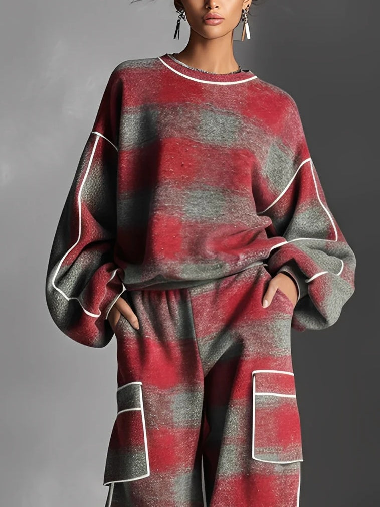 Rot und Grau Karierter Color-Blocked Sweatshirt und Freizeit-Hosen Zweiteiliges Set