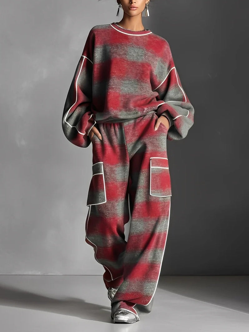 Rot und Grau Karierter Color-Blocked Sweatshirt und Freizeit-Hosen Zweiteiliges Set