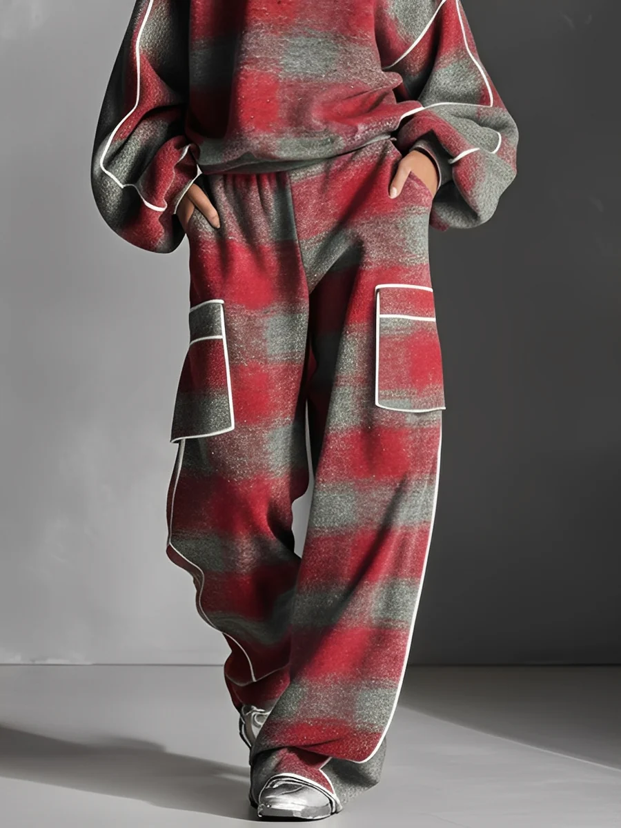 Rot und Grau Karierter Color-Blocked Sweatshirt und Freizeit-Hosen Zweiteiliges Set