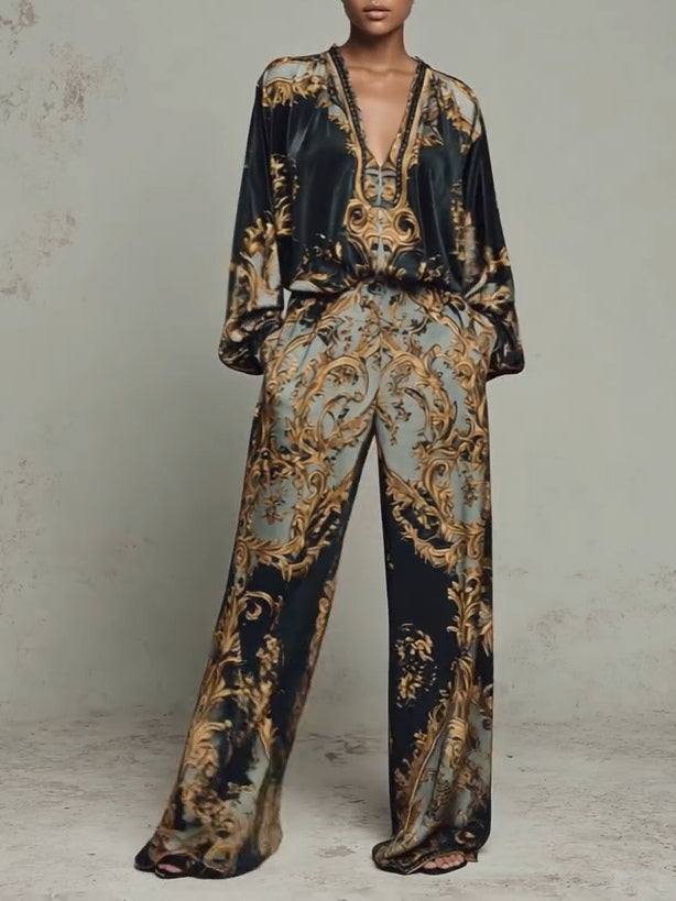 Barocke Ornate Blumenmuster Bluse und weit geschnittene Hose Freizeitanzug