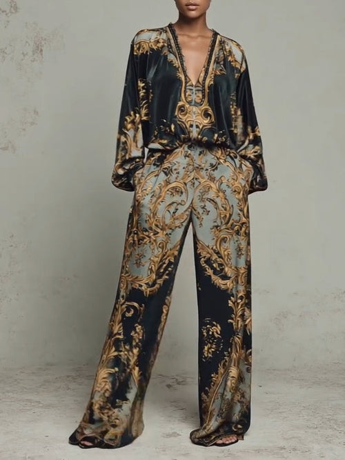 Barocke Ornate Blumenmuster Bluse und weit geschnittene Hose Freizeitanzug