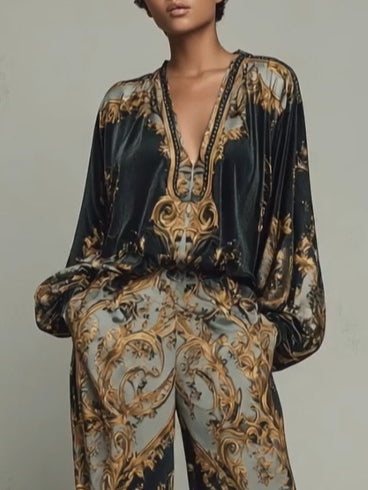 Barocke Ornate Blumenmuster Bluse und weit geschnittene Hose Freizeitanzug