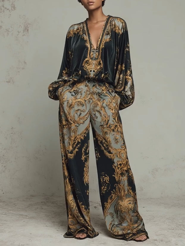 Barocke Ornate Blumenmuster Bluse und weit geschnittene Hose Freizeitanzug