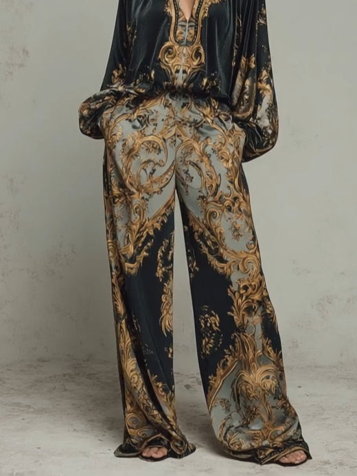 Barocke Ornate Blumenmuster Bluse und weit geschnittene Hose Freizeitanzug
