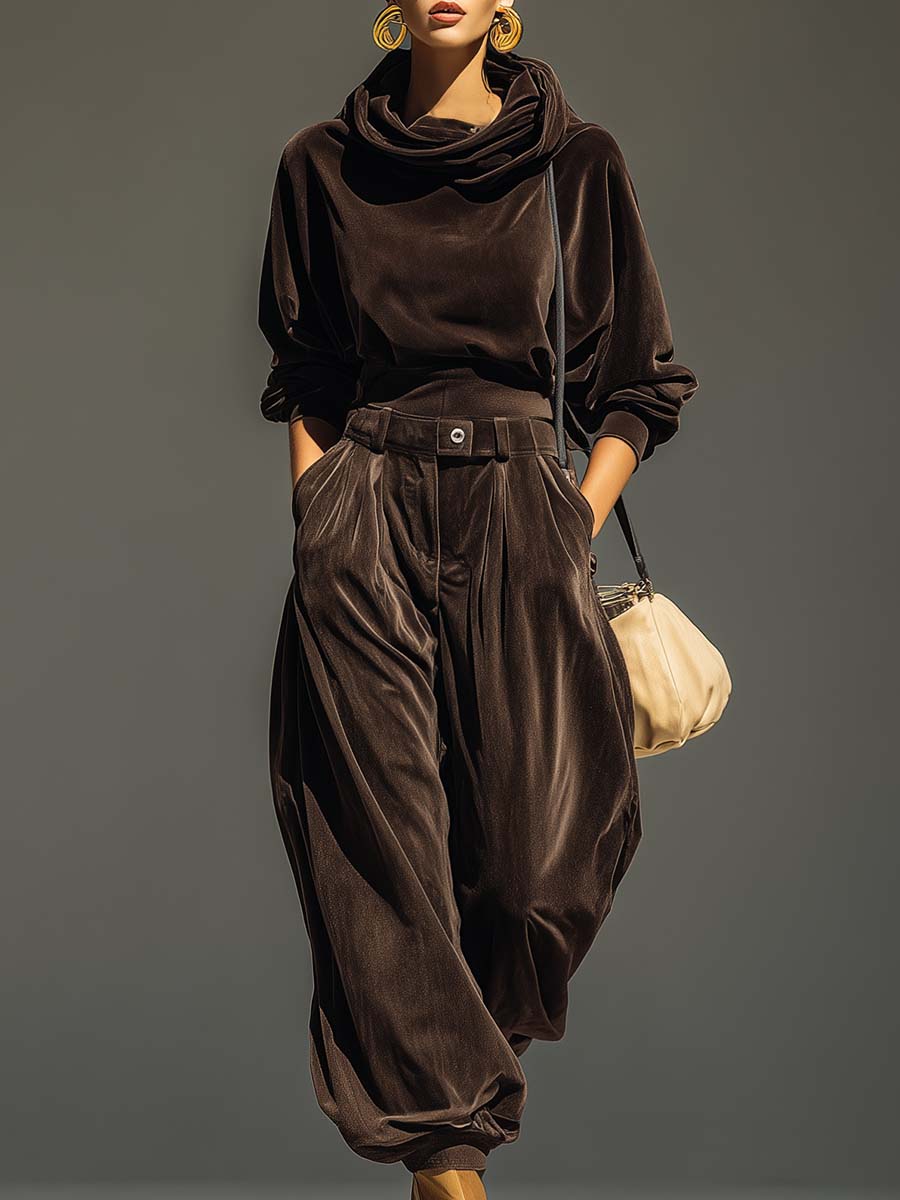Vintage brauner Samt-Hoodie und lockere Hose Set (inklusive Gürtel)