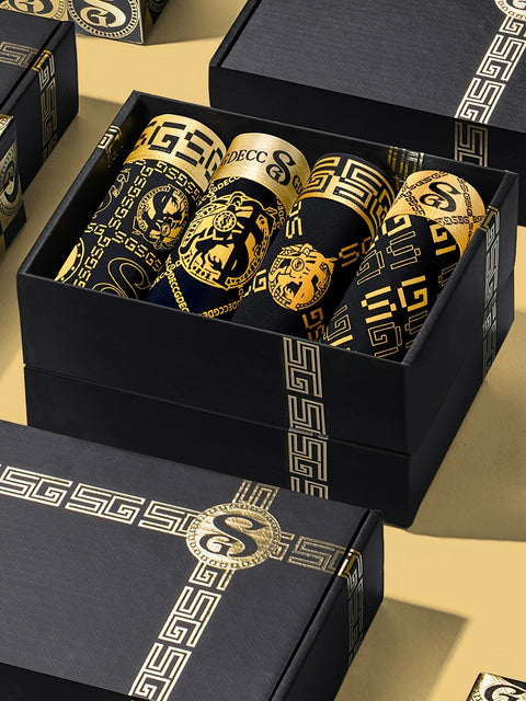 4er-Set Geschenkbox – Luxuriöse Schwarze & Goldene Herren-Boxershorts