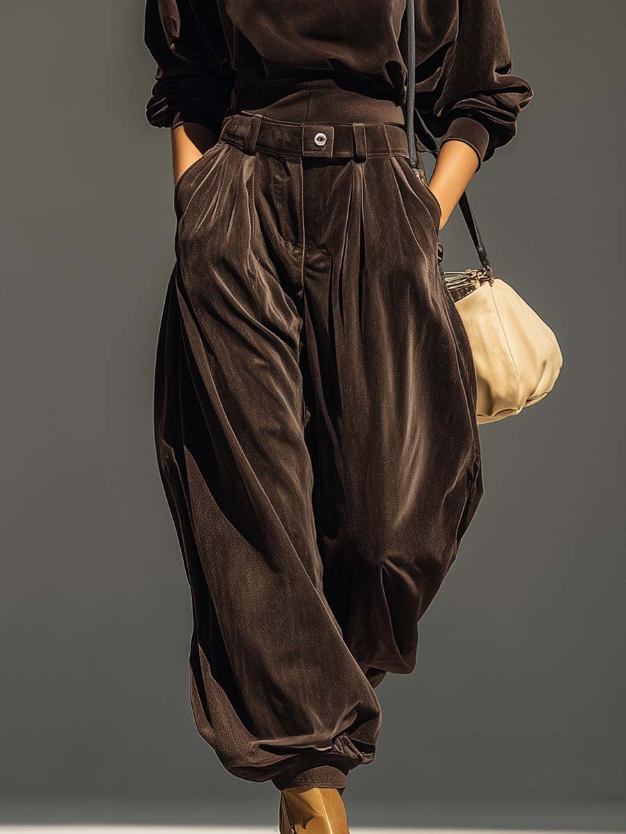 Vintage brauner Samt-Hoodie und lockere Hose Set (inklusive Gürtel)