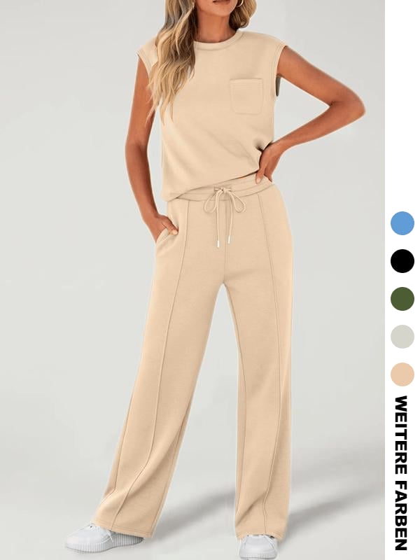 Zweiteiliges Damen-Set aus einfarbigem Tanktop und weiten Hosen mit Kordelzug
