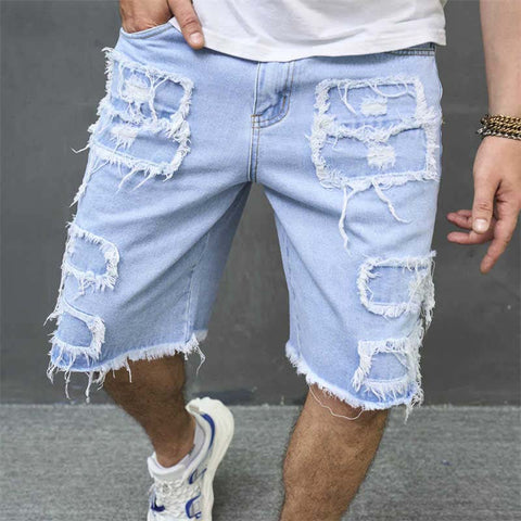 Herren-Ripped-Denim-Shorts mit Fransen-Details