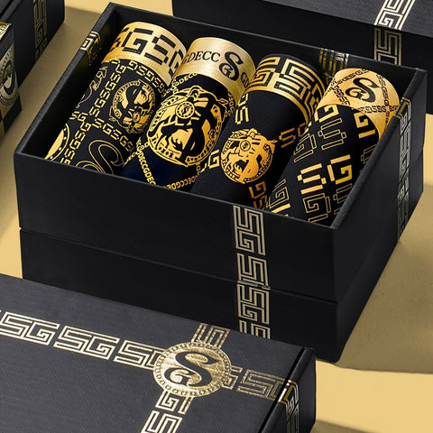 4er-Set Geschenkbox – Luxuriöse Schwarze & Goldene Herren-Boxershorts