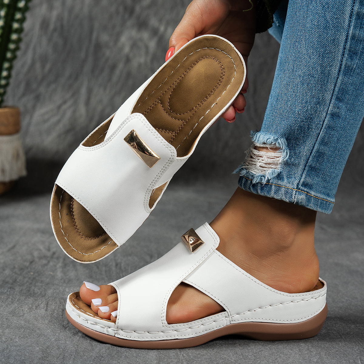Damen Sommer Retro-Sandalen mit Keilabsatz & mattierter Textur
