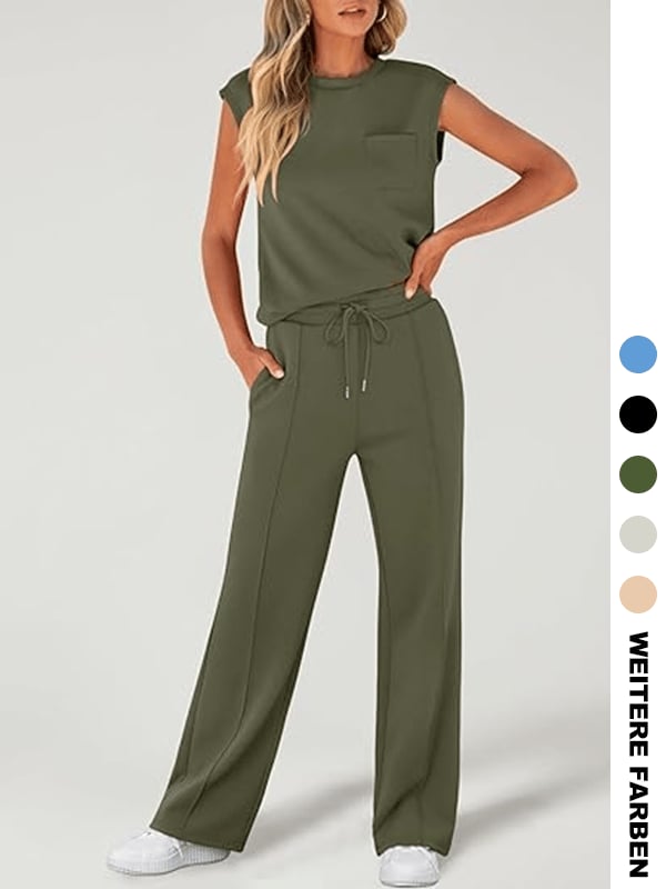 Zweiteiliges Damen-Set aus einfarbigem Tanktop und weiten Hosen mit Kordelzug