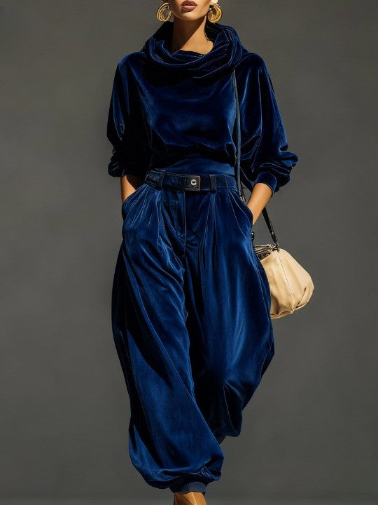 Vintage brauner Samt-Hoodie und lockere Hose Set (inklusive Gürtel)