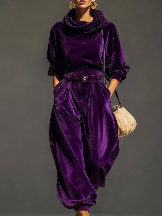 Vintage brauner Samt-Hoodie und lockere Hose Set (inklusive Gürtel)