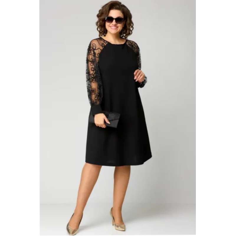 Spitzen-Patchwork-Kleid – Rundhalsausschnitt, Lange Ärmel & Schmeichelhafte Passform