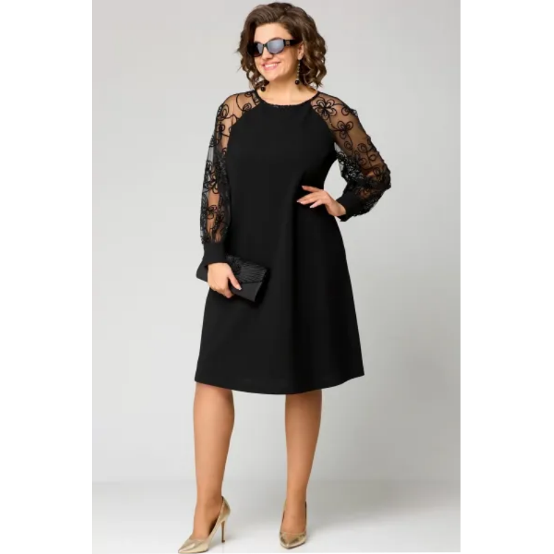 Spitzen-Patchwork-Kleid – Rundhalsausschnitt, Lange Ärmel & Schmeichelhafte Passform