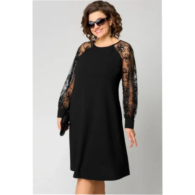 Spitzen-Patchwork-Kleid – Rundhalsausschnitt, Lange Ärmel & Schmeichelhafte Passform