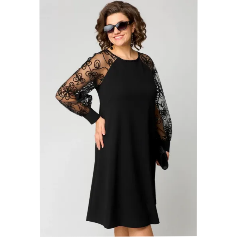 Spitzen-Patchwork-Kleid – Rundhalsausschnitt, Lange Ärmel & Schmeichelhafte Passform