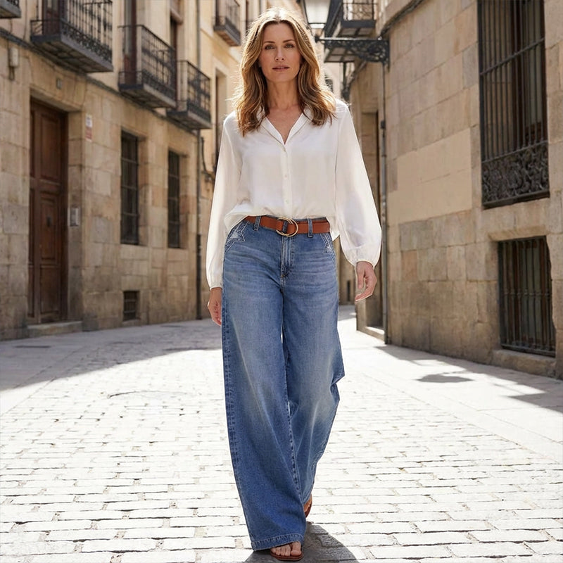 Damen-Vintage-Hochbund-Weitbeinjeans