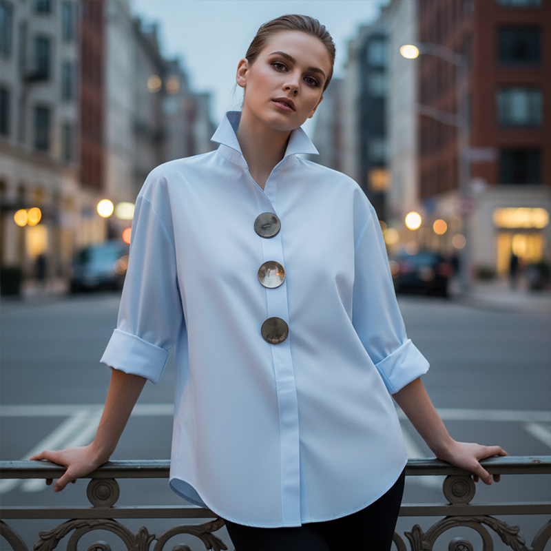 Damen Oversized Bluse mit großen Metallknöpfen
