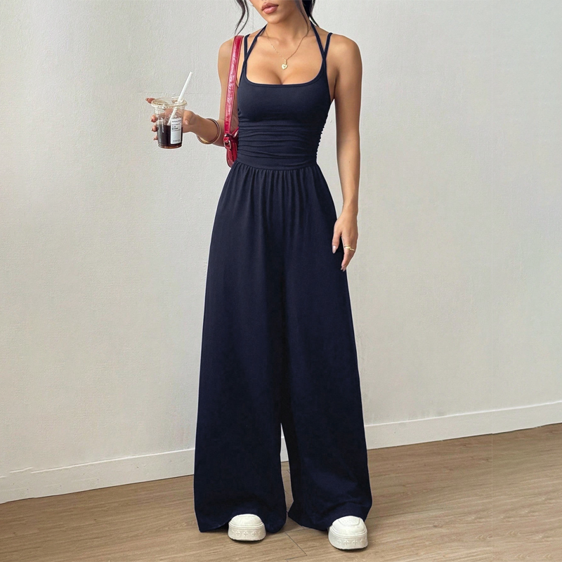 ☀️ Damen Sommer-Jumpsuit – Spaghettiträger, geraffte Taille, weites Bein