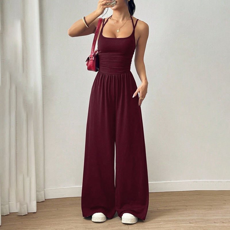 ☀️ Damen Sommer-Jumpsuit – Spaghettiträger, geraffte Taille, weites Bein