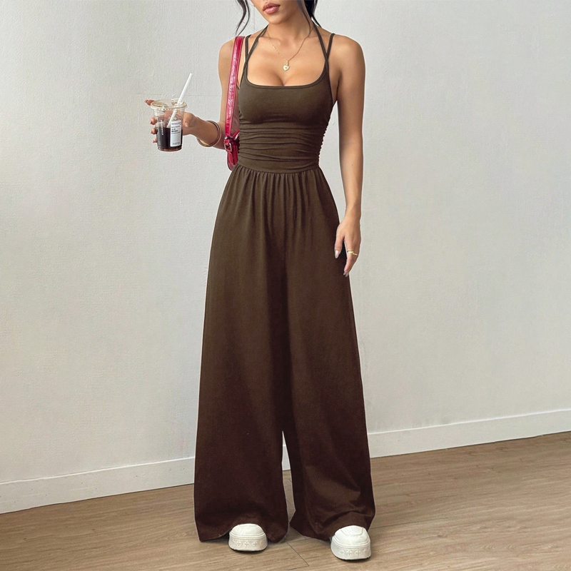 ☀️ Damen Sommer-Jumpsuit – Spaghettiträger, geraffte Taille, weites Bein