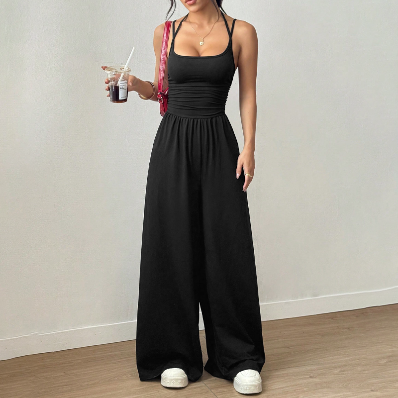 ☀️ Damen Sommer-Jumpsuit – Spaghettiträger, geraffte Taille, weites Bein