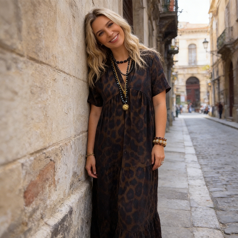 👗 Damen V-Ausschnitt Leopard Maxi-Kleid 💎