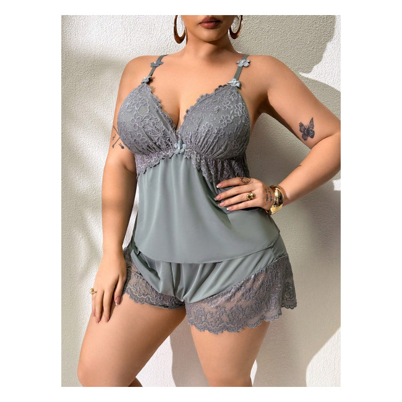 Pyjama-Set aus Top und Shorts mit Spitzenbesatz – Weicher, satinartiger Stoff, verstellbare Träger und V-Ausschnitt