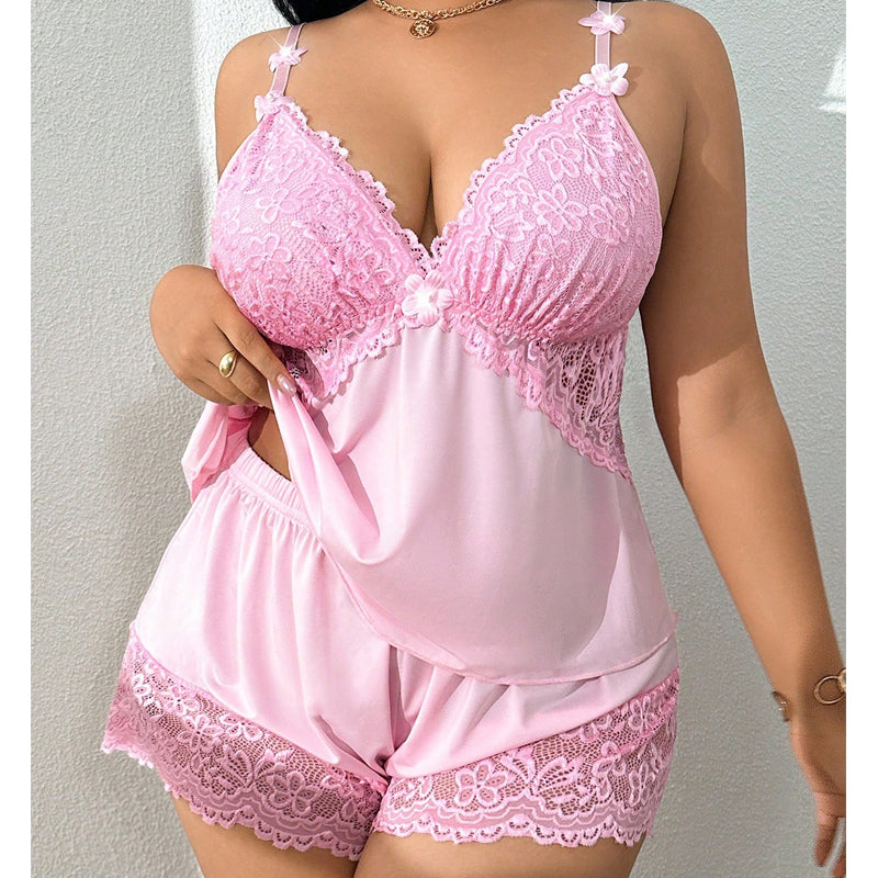 Pyjama-Set aus Top und Shorts mit Spitzenbesatz – Weicher, satinartiger Stoff, verstellbare Träger und V-Ausschnitt