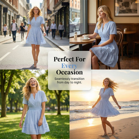 Kurzärmeliges Sommerkleid, gestuftes Minikleid für Damen – luftig & verspielt